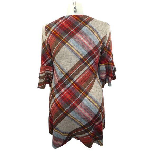 R&K Plaid Bell Sleeve Swing Dress 10 Fall Holiday Cozy Work Casual Retro - Picture 3 of 8